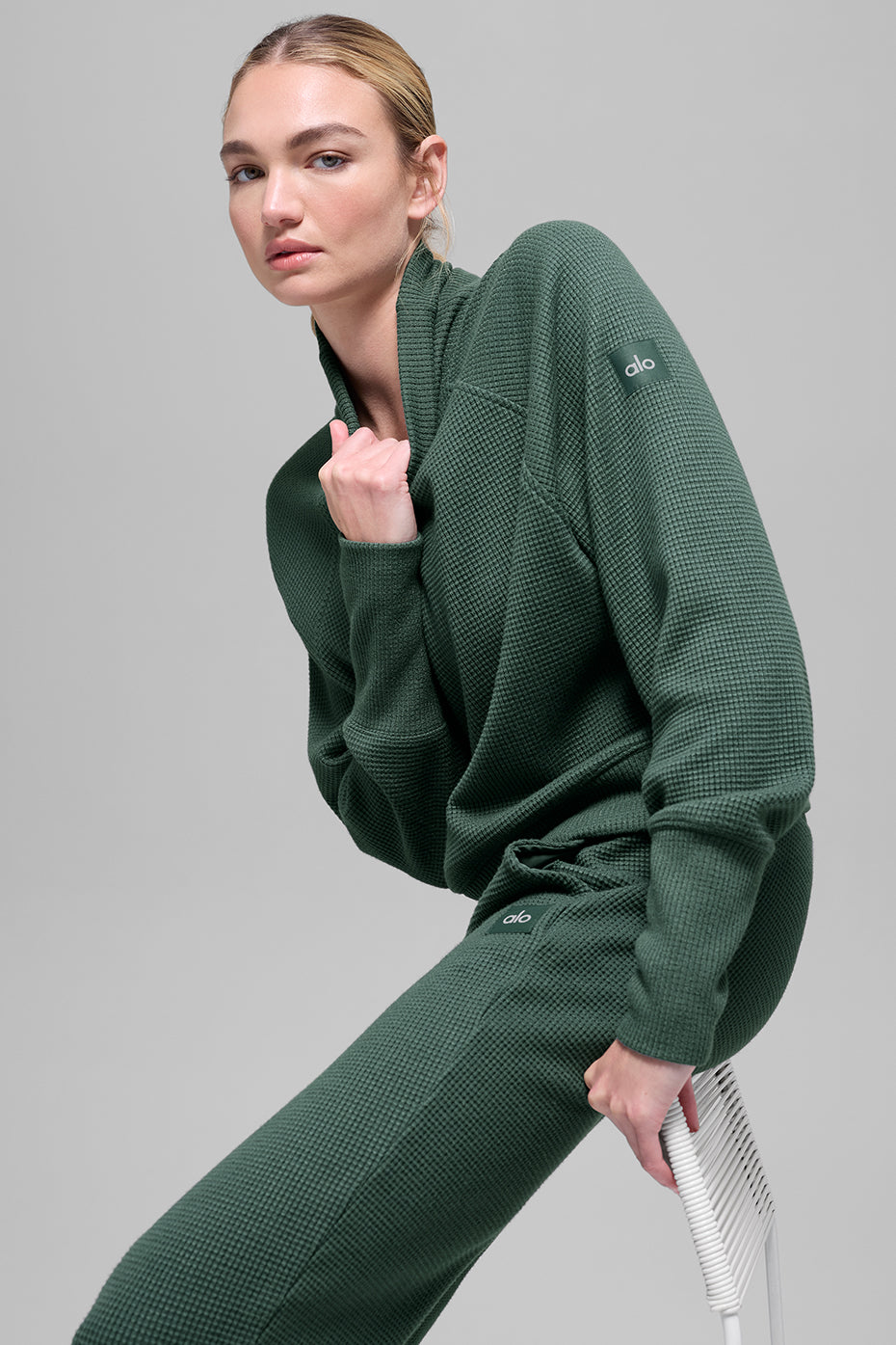 Waffle Weekend Escape Mock Neck Long Sleeve - Clover Green--4