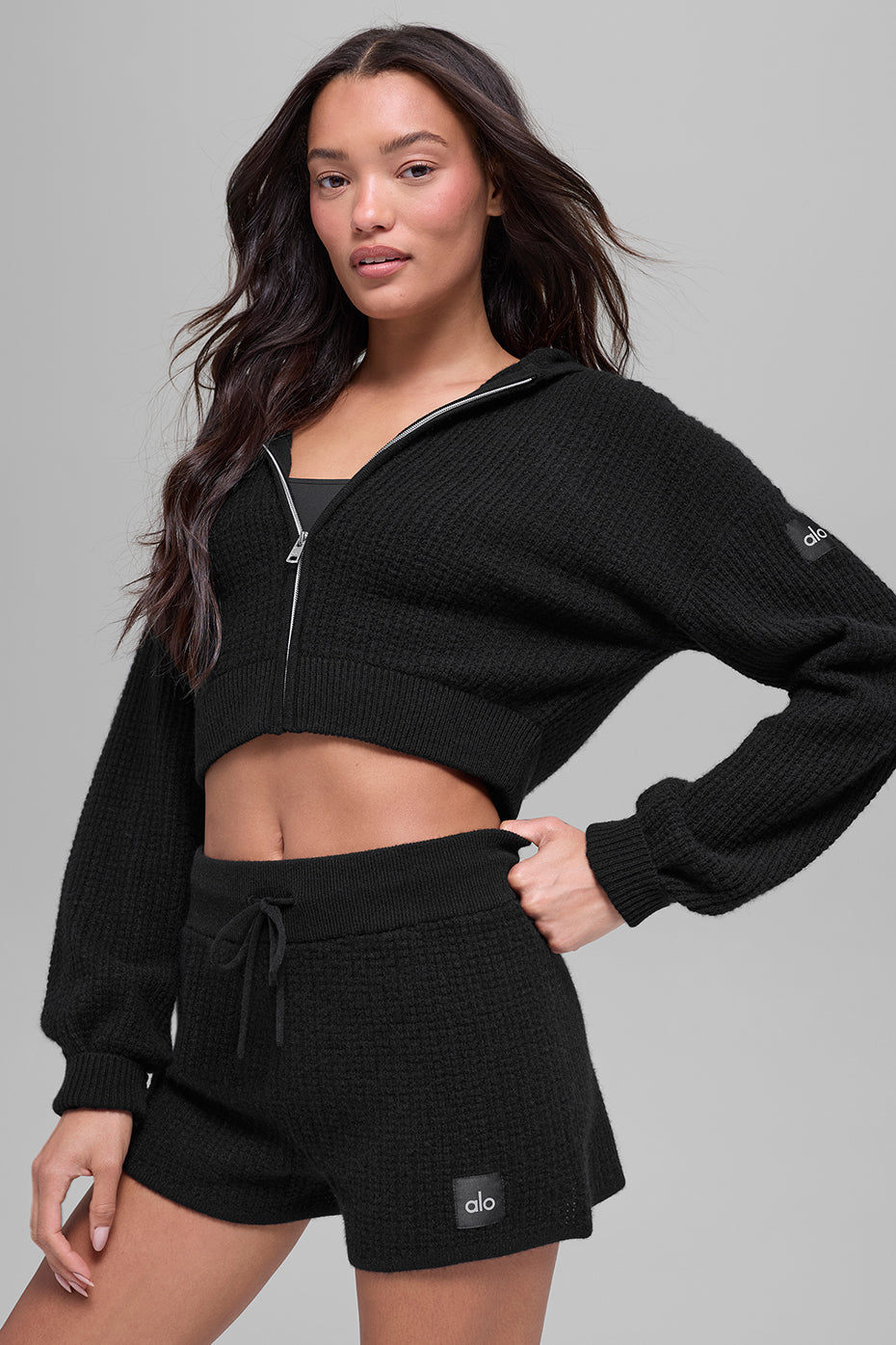 Cashmere Plush Waffle Full Zip Hoodie - Black--0