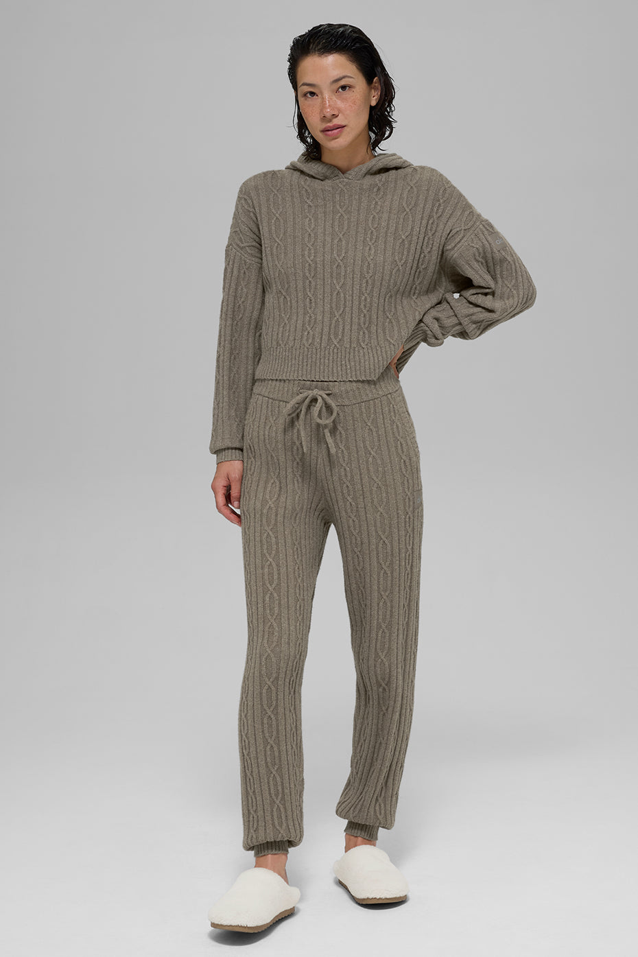 Cable Knit Winter Bliss Hoodie - Light Cocoa--5