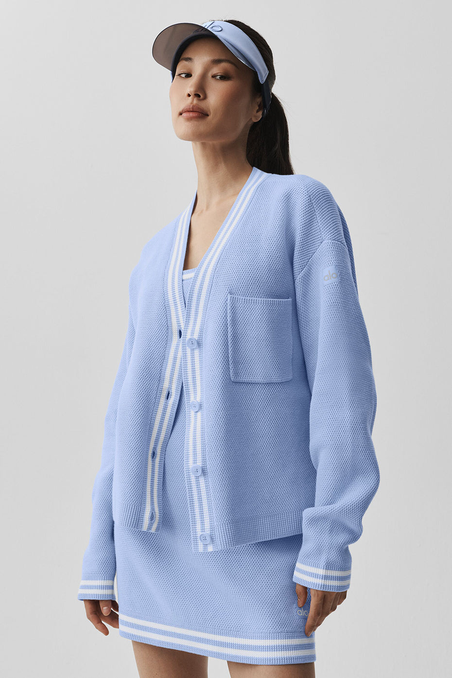 Tennis Club Sweater Knit Cardigan - Light Provence Blue/White--2