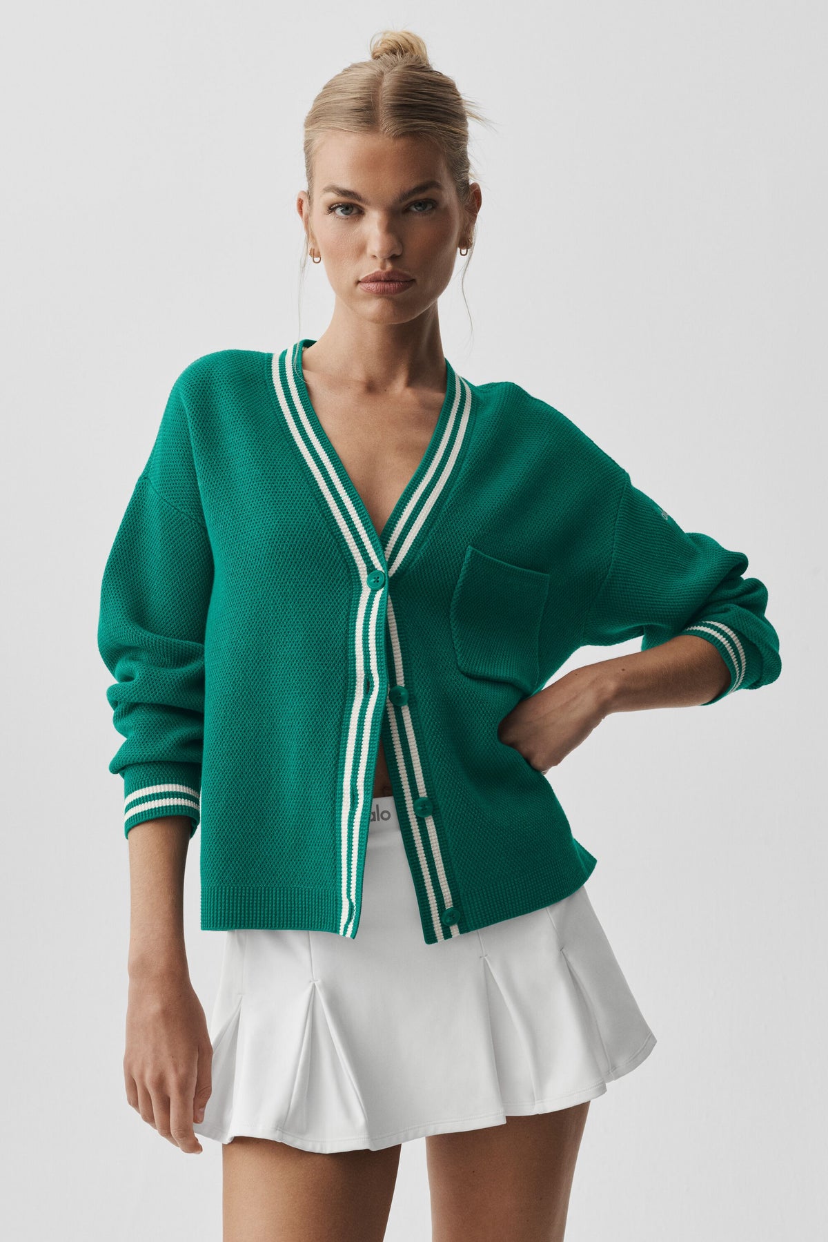 Tennis Club Sweater Knit Cardigan - Emerald Isle/Ivory--0