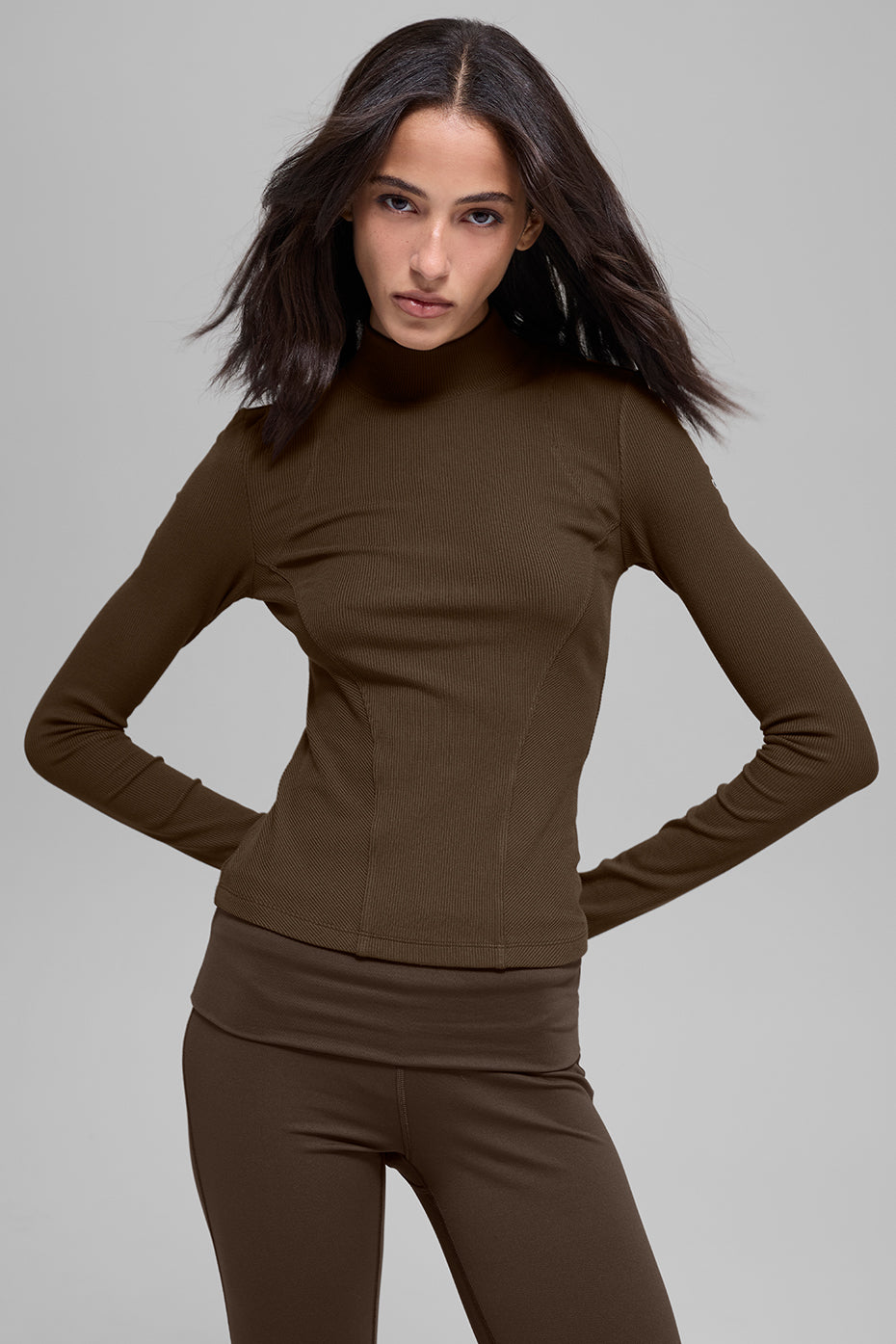 Ribbed Mesmerize Mock Neck Long Sleeve - Espresso--0