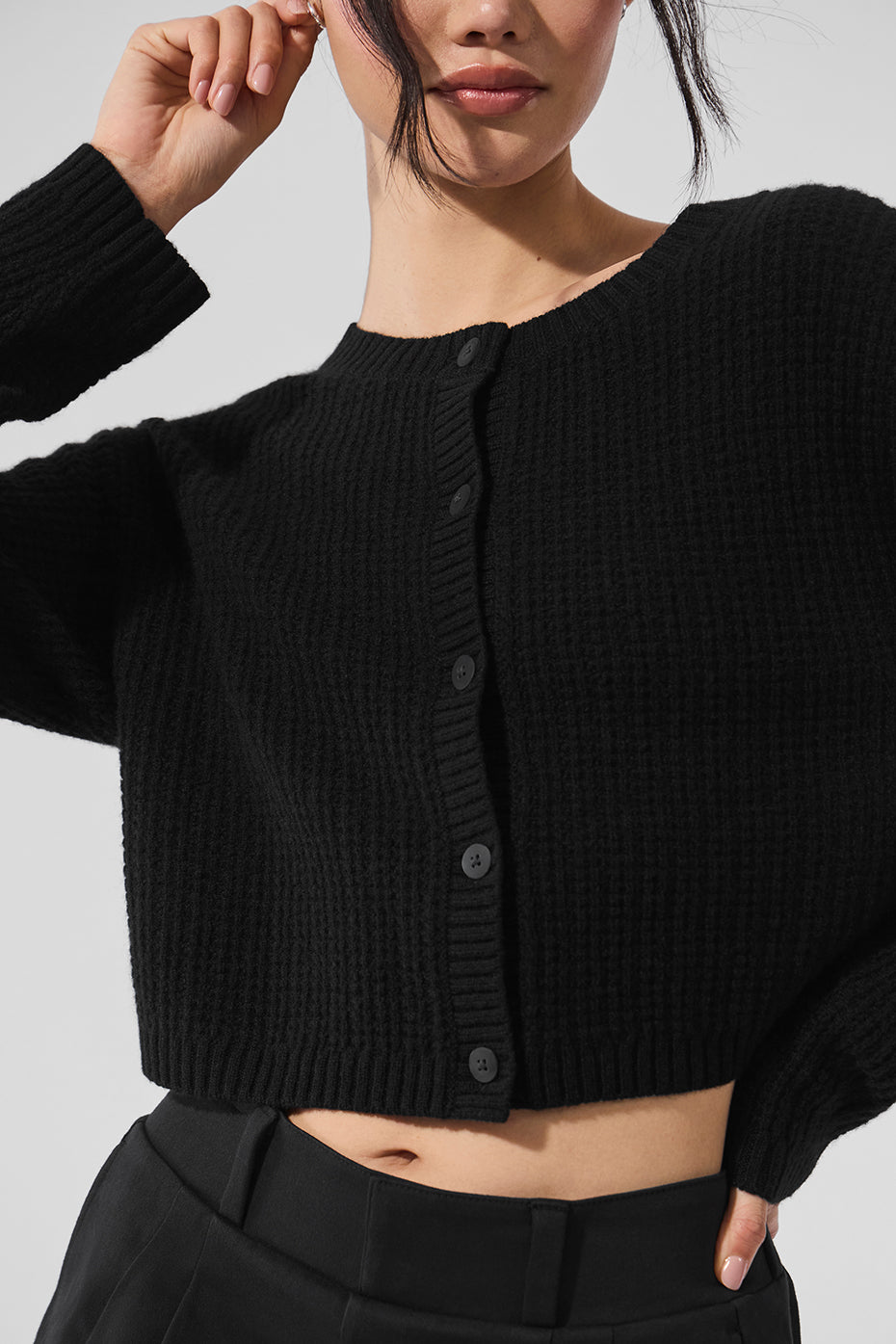 Cashmere Plush Waffle Cardigan - Black--2
