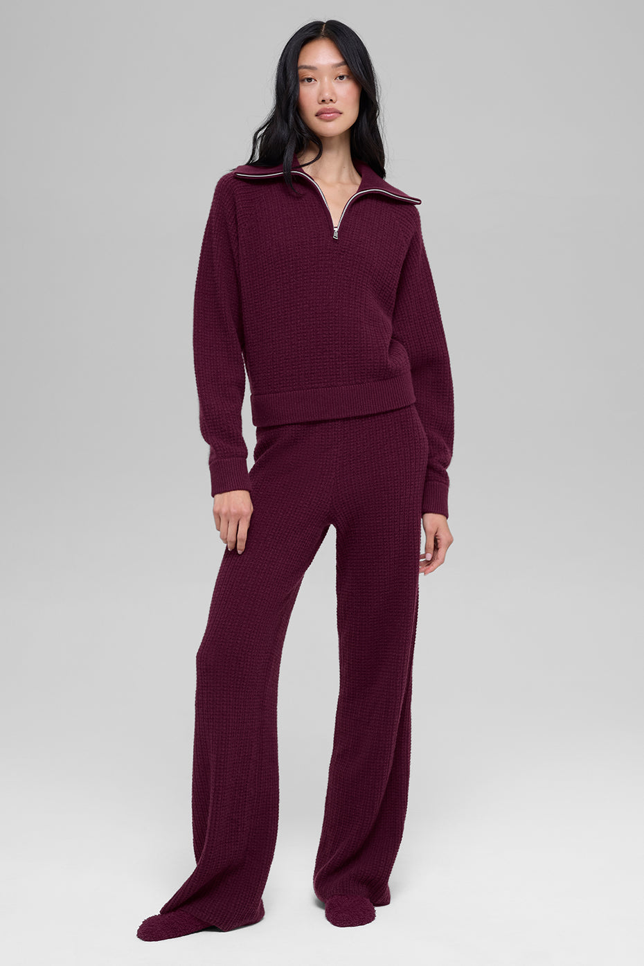 Cashmere Plush Waffle 1/4 Zip Pullover - Burgundy--4