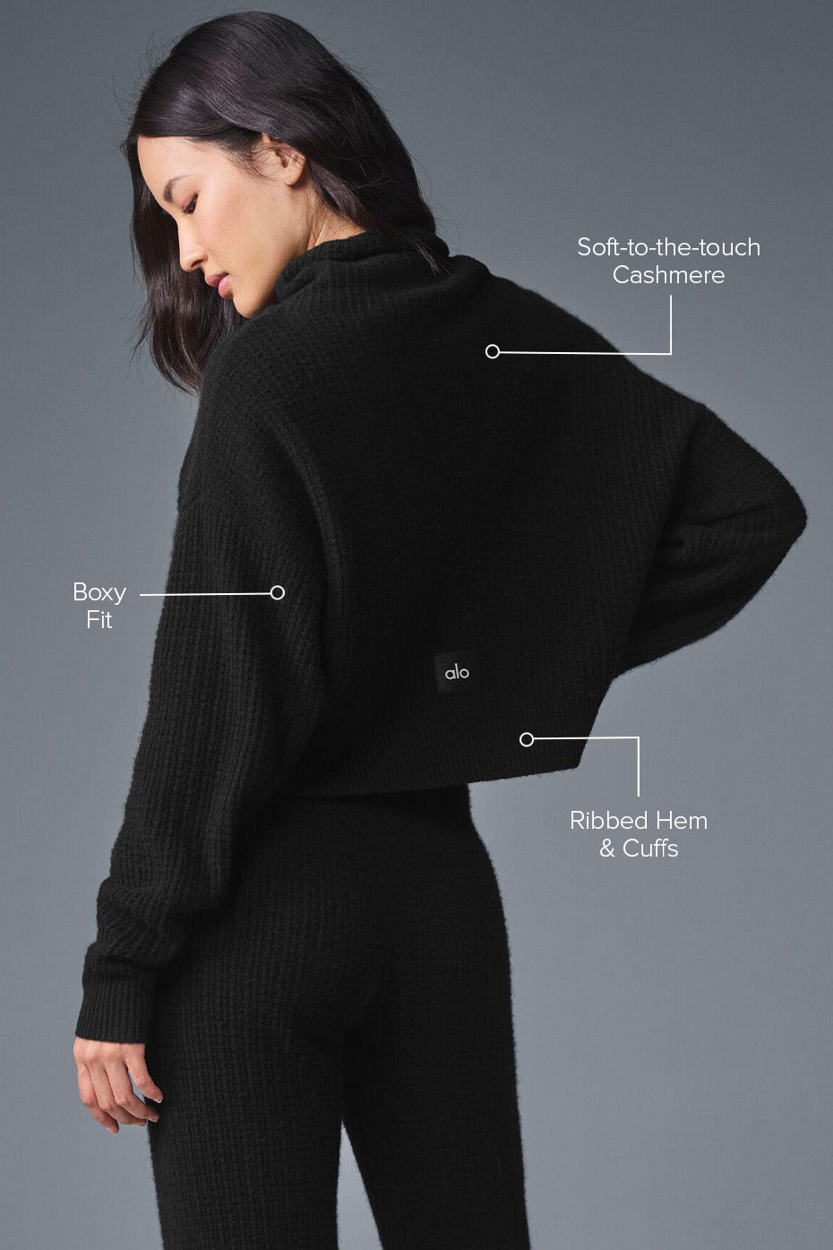Cashmere Plush Waffle Turtleneck Pullover - Black--1