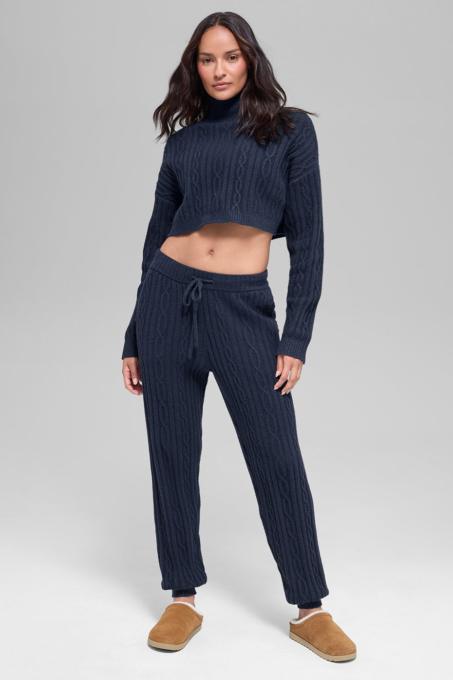 Cable Knit Cropped Winter Bliss Turtleneck Long Sleeve - Navy--4