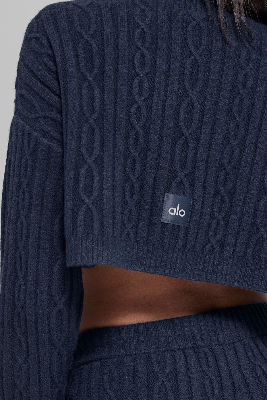 Cable Knit Cropped Winter Bliss Turtleneck Long Sleeve - Navy--2