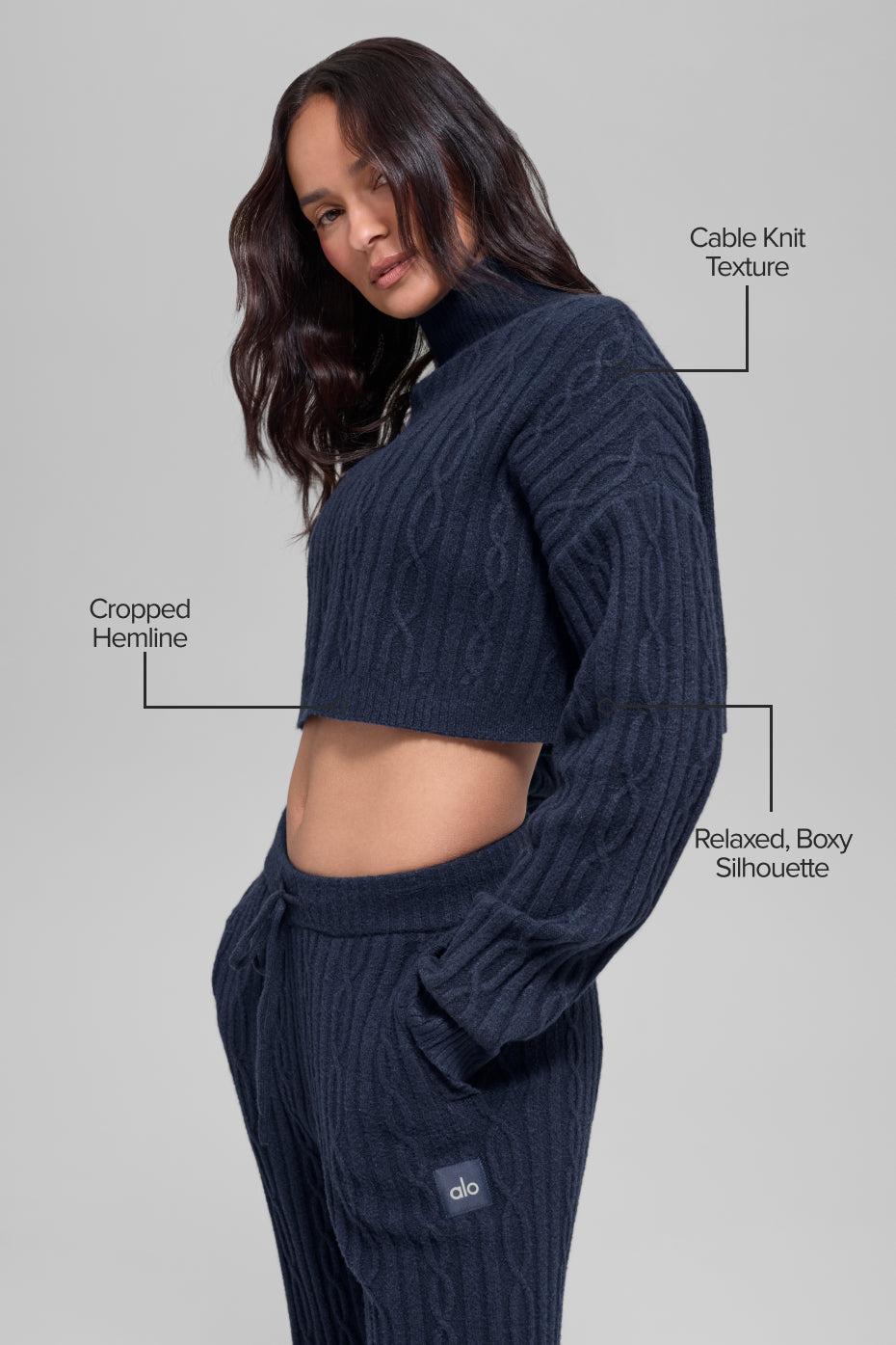 Cable Knit Cropped Winter Bliss Turtleneck Long Sleeve - Navy--1