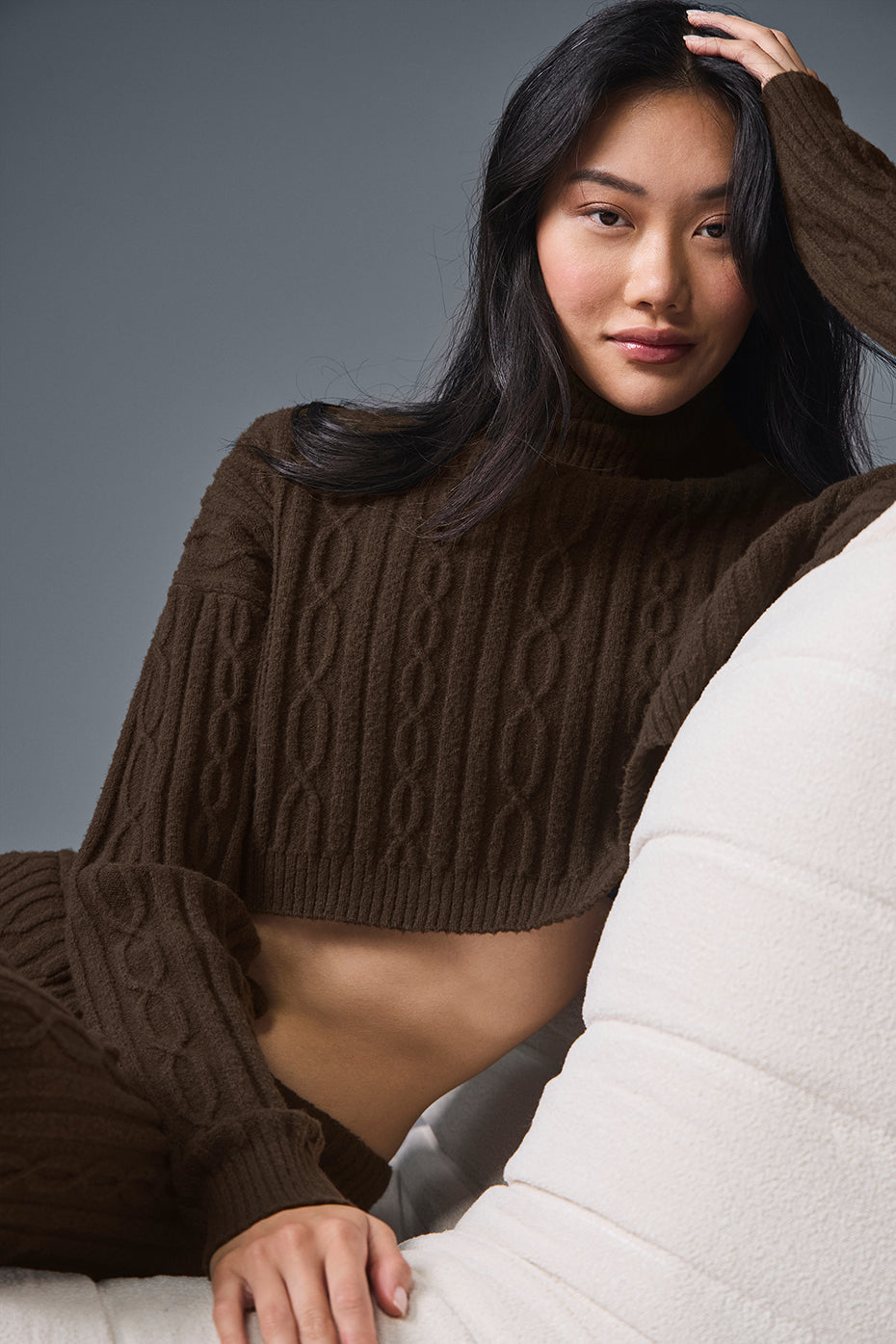 Cable Knit Cropped Winter Bliss Turtleneck Long Sleeve - Espresso--0
