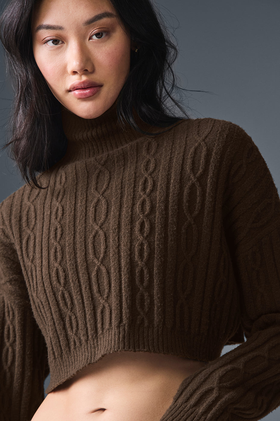 Cable Knit Cropped Winter Bliss Turtleneck Long Sleeve - Espresso--3