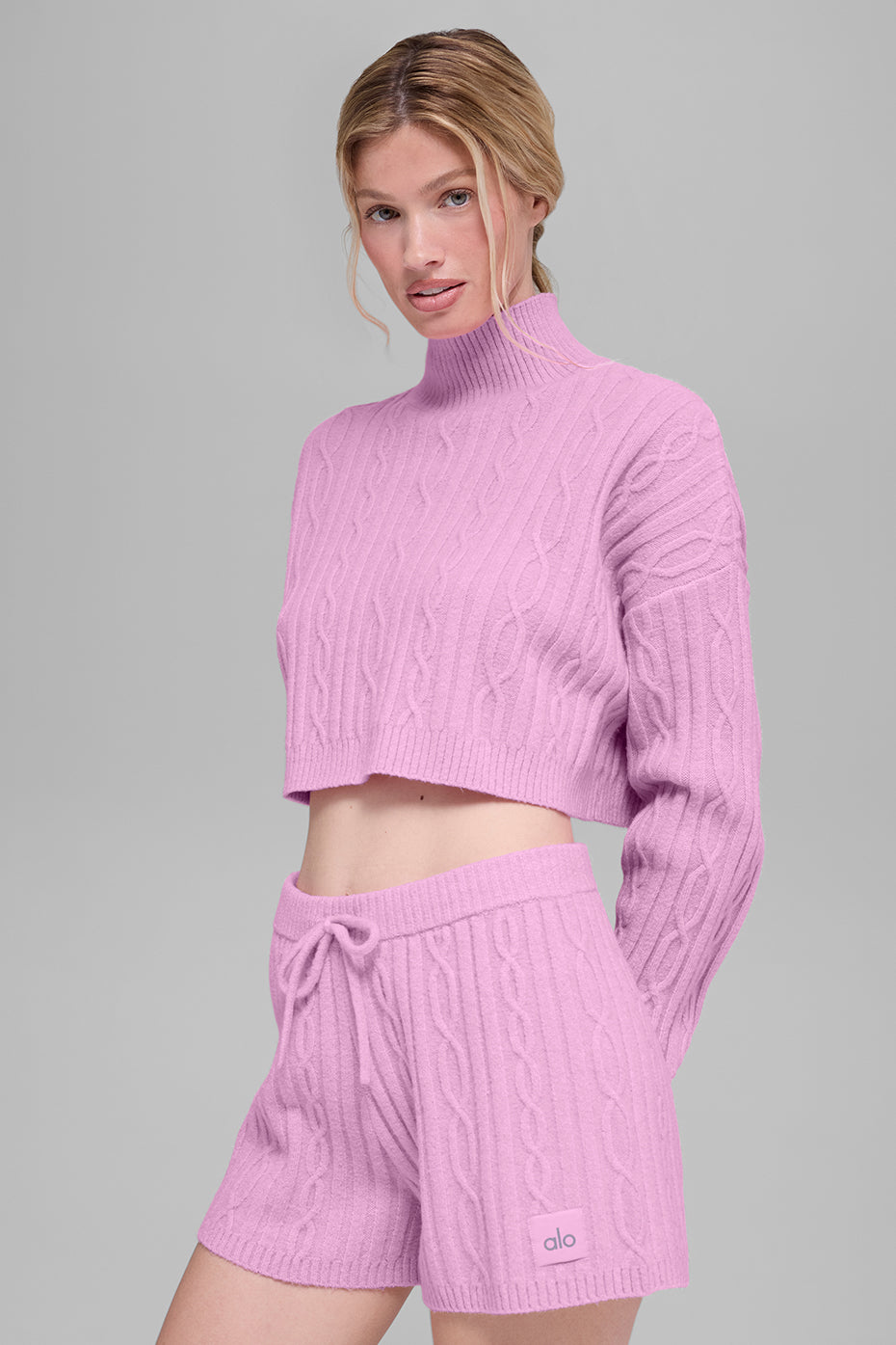 Cable Knit Cropped Winter Bliss Turtleneck Long Sleeve - Candy Heart Pink--3