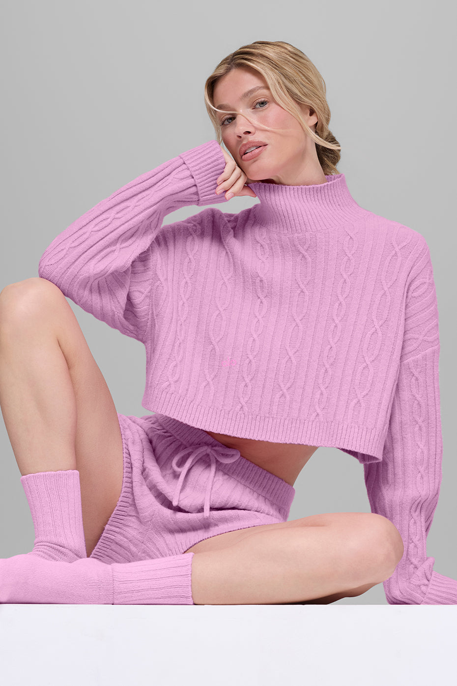 Cable Knit Cropped Winter Bliss Turtleneck Long Sleeve - Candy Heart Pink--4