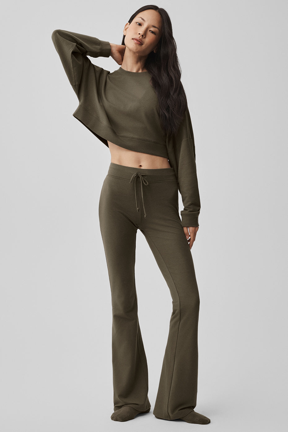 Cropped Sway Crew Neck Pullover - Olive Tree--4