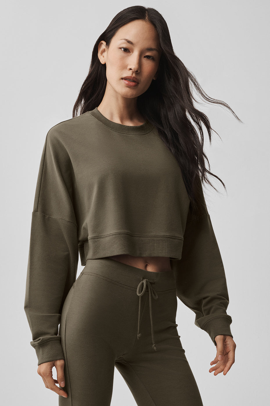 Cropped Sway Crew Neck Pullover - Olive Tree--3