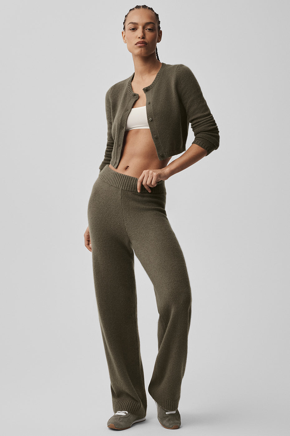 Wool Cashmere New Class Cropped Cardigan - Olive Tree--3