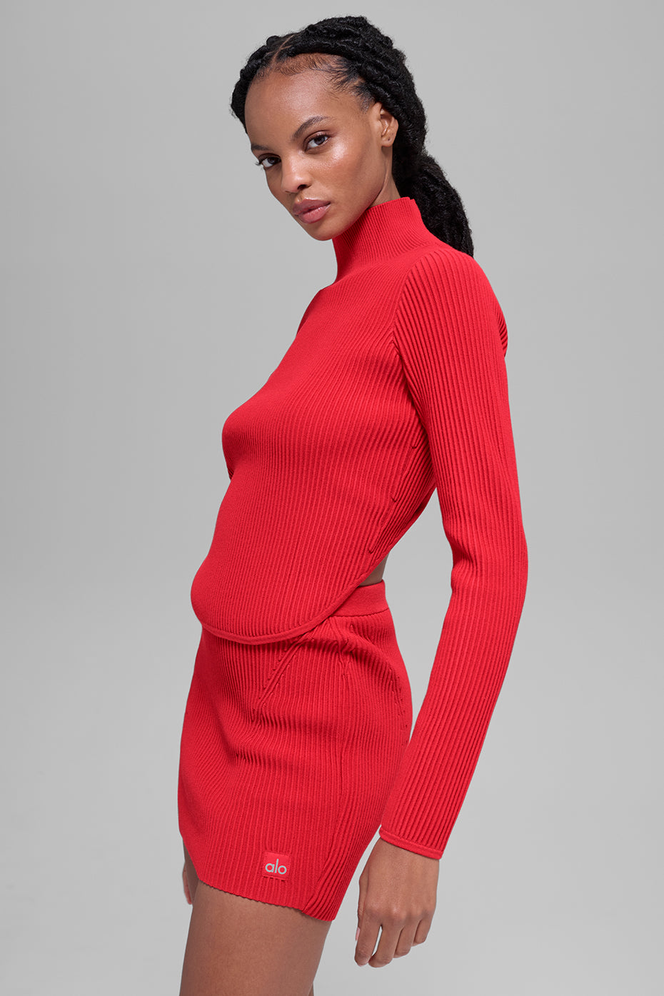 Denim Knit Backless Long Sleeve - Bright Red--0