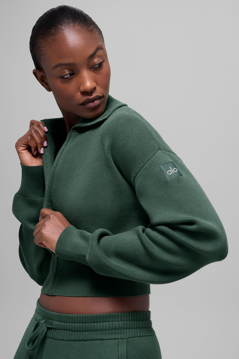Scholar Knit Cropped Full Zip Jacket - Clover Green--2