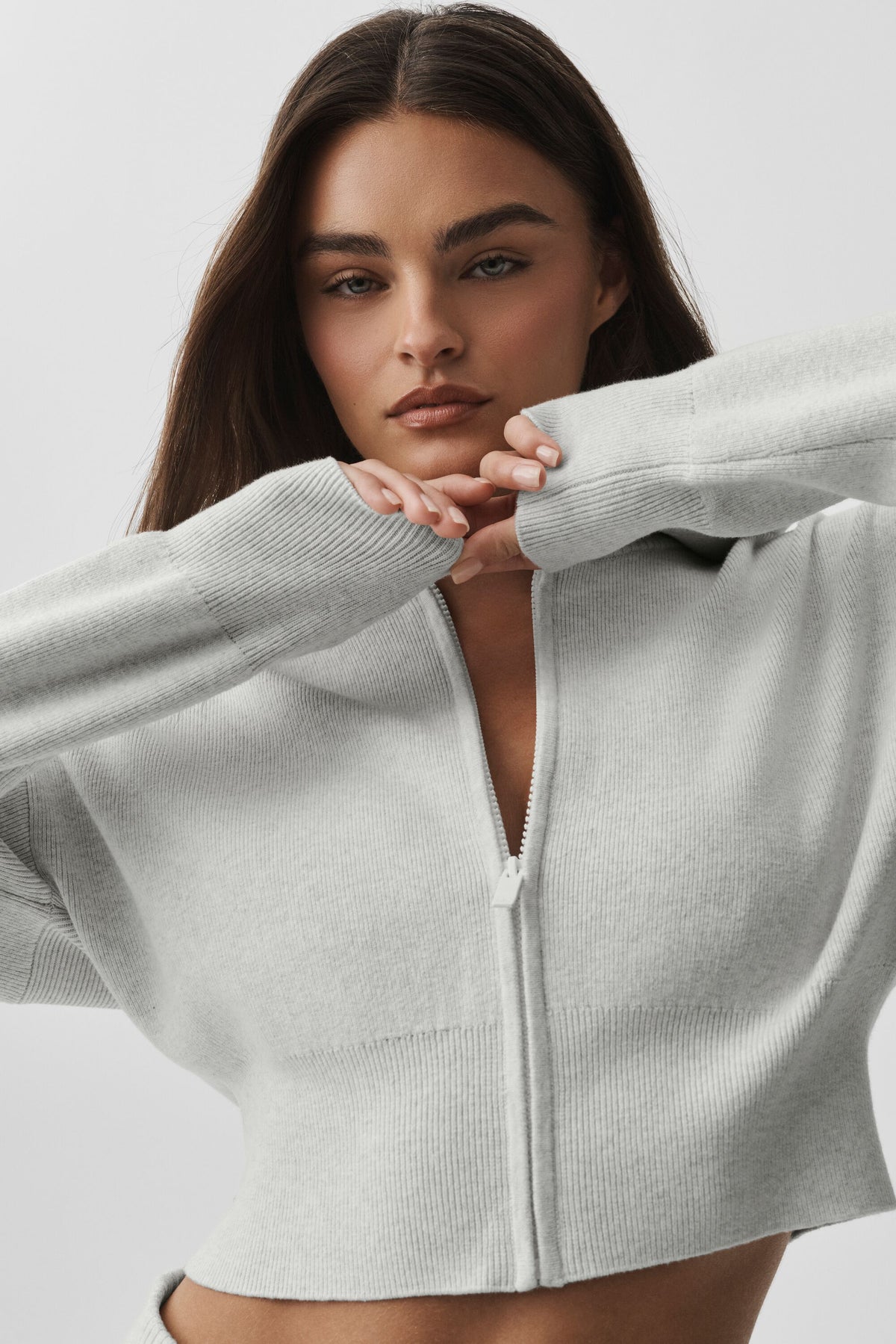 Scholar Knit Cropped Full Zip Jacket - White Heather--4