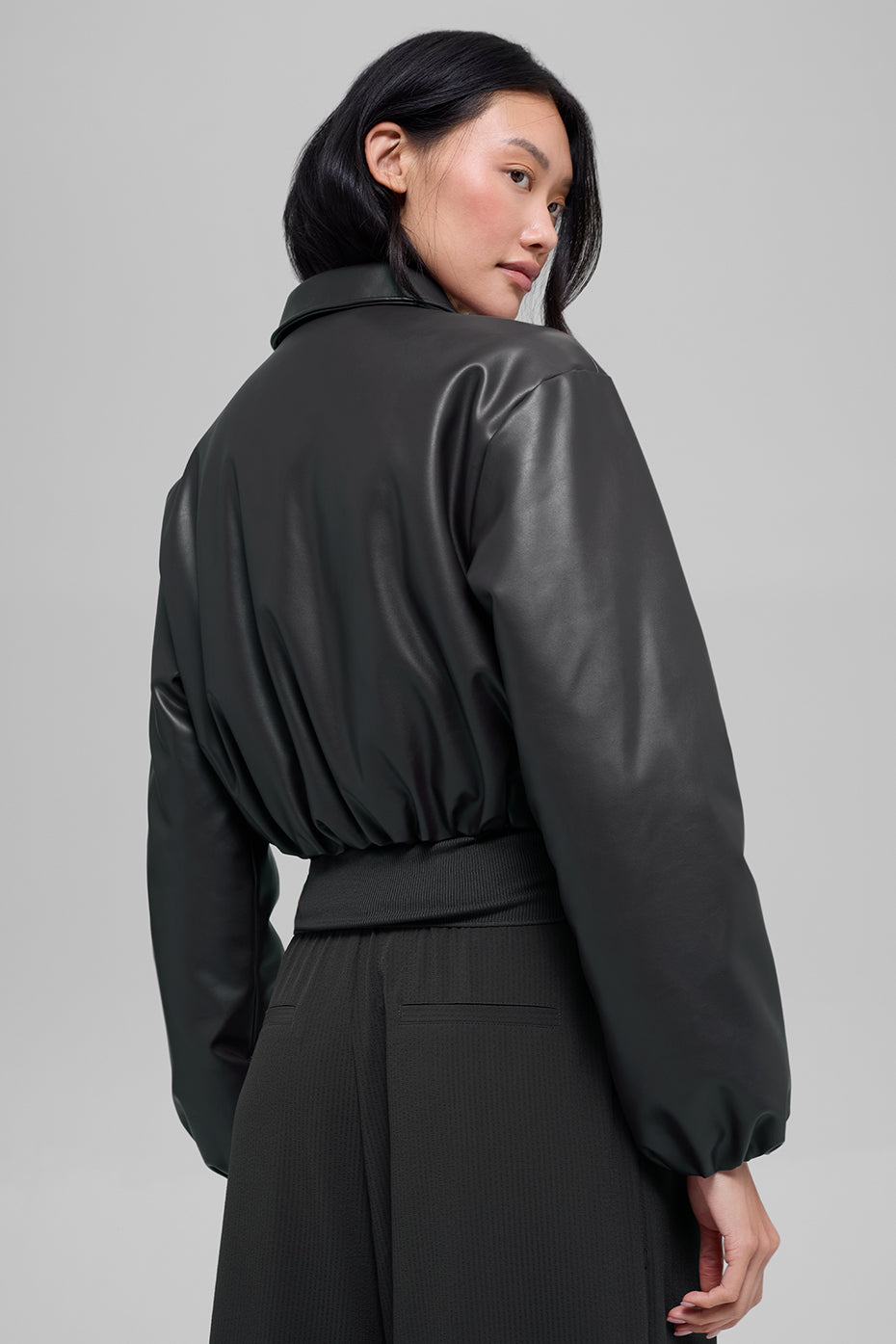 Faux Leather Cropped Premier Bomber - Black--2