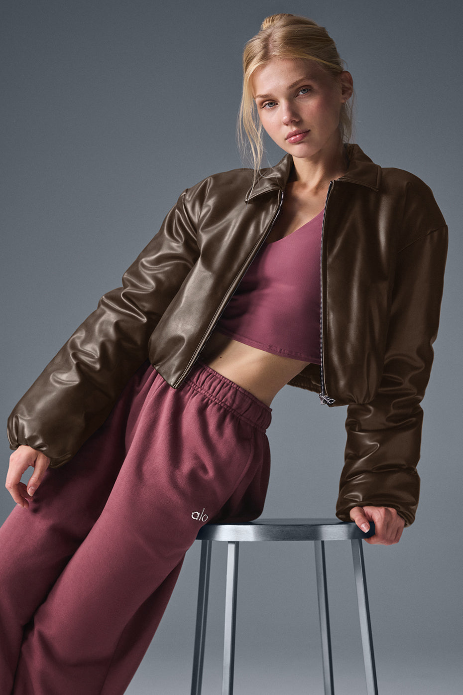Faux Leather Cropped Premier Bomber - Espresso--0
