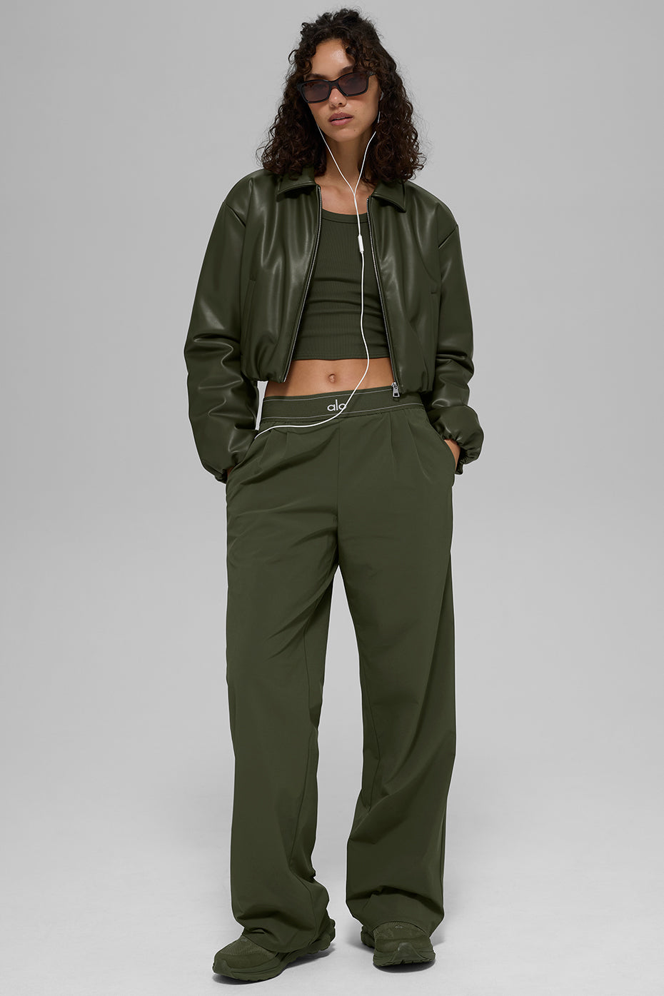 Faux Leather Cropped Premier Bomber - Green Olive--5