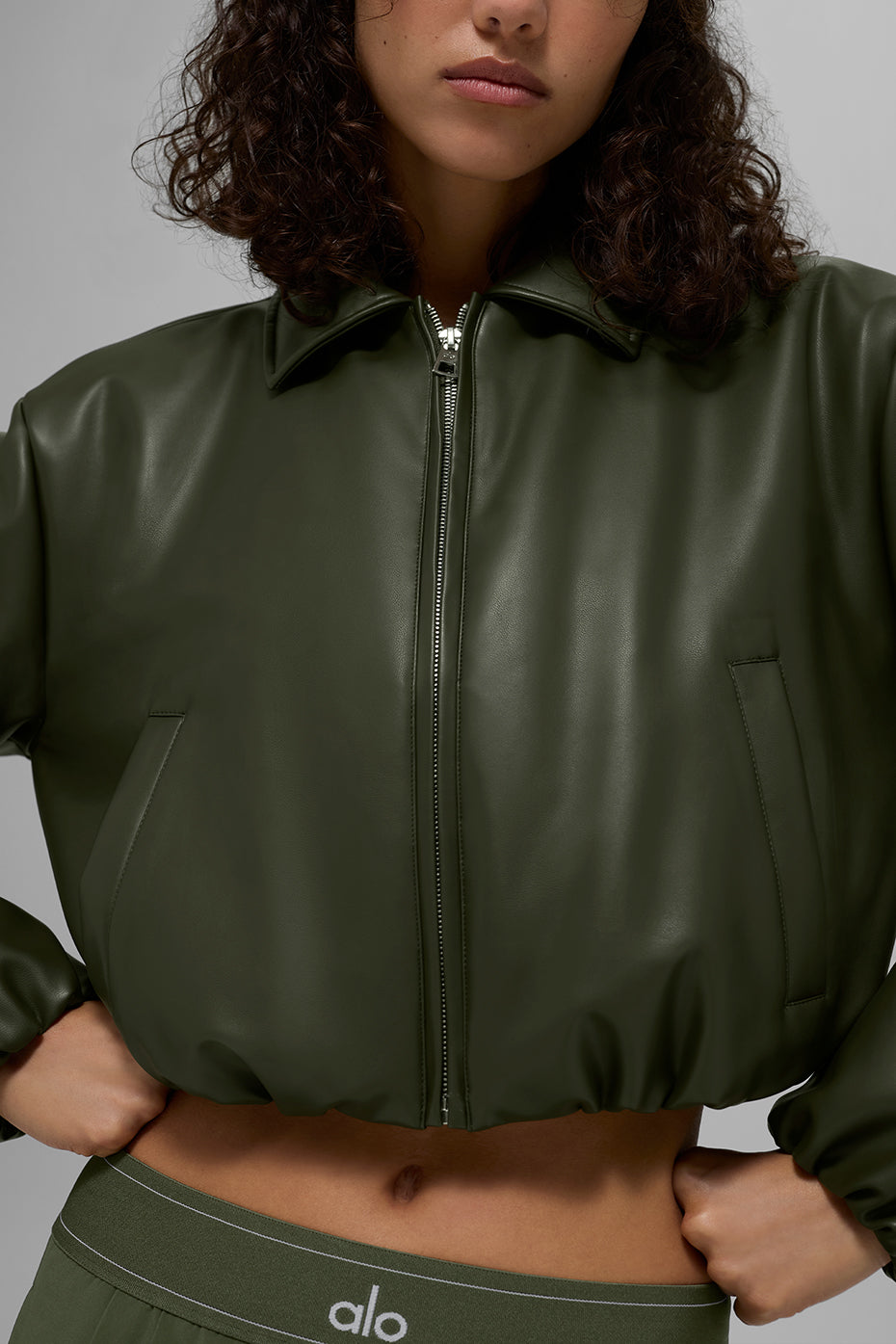 Faux Leather Cropped Premier Bomber - Green Olive--2