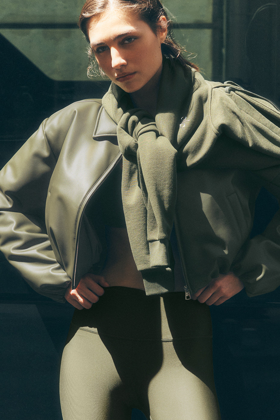 Faux Leather Cropped Premier Bomber - Green Olive--0