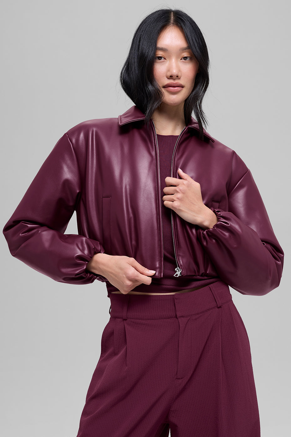 Faux Leather Cropped Premier Bomber - Burgundy--3