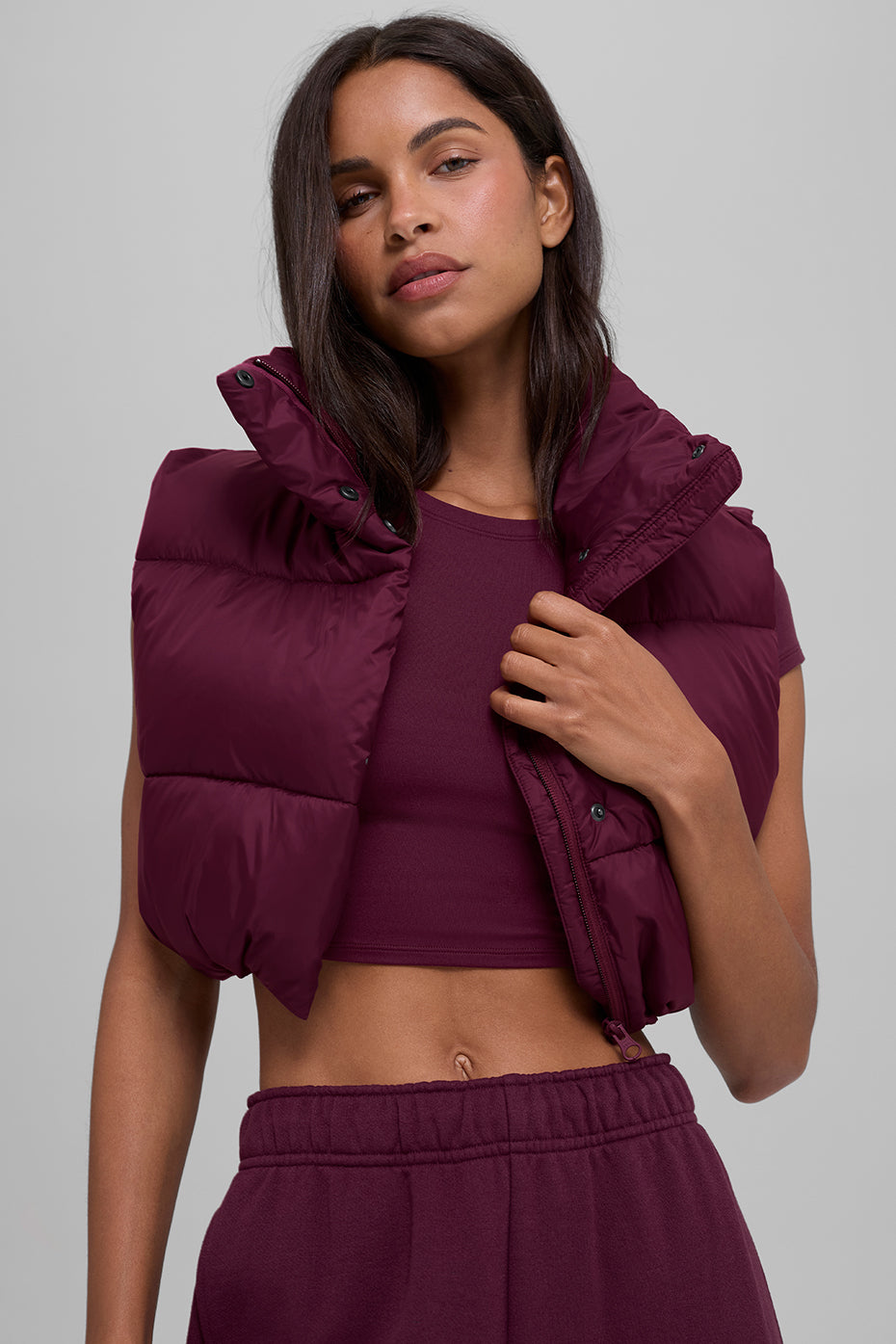 Cropped Gold Rush Puffer Vest - Burgundy--2