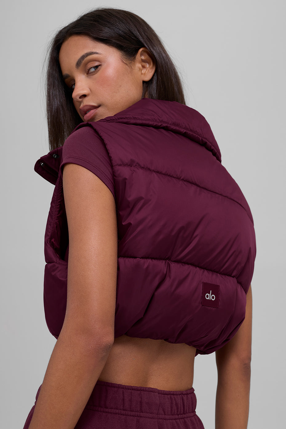 Cropped Gold Rush Puffer Vest - Burgundy--1