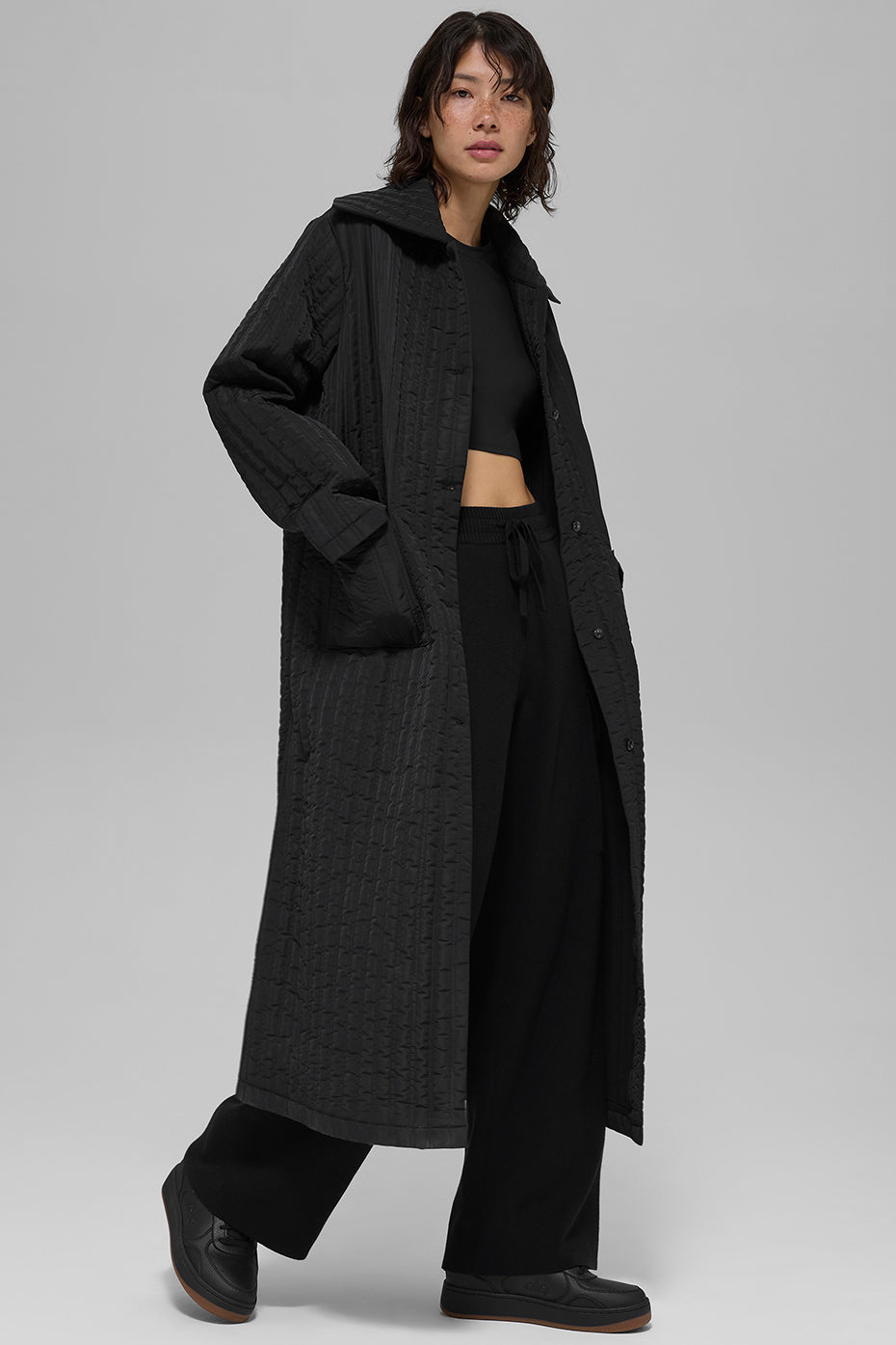 Quilted Skyline Long Coat - Black--2