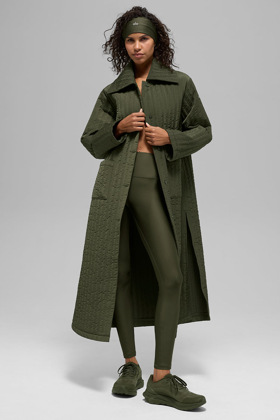 Quilted Skyline Long Coat - Green Olive--0