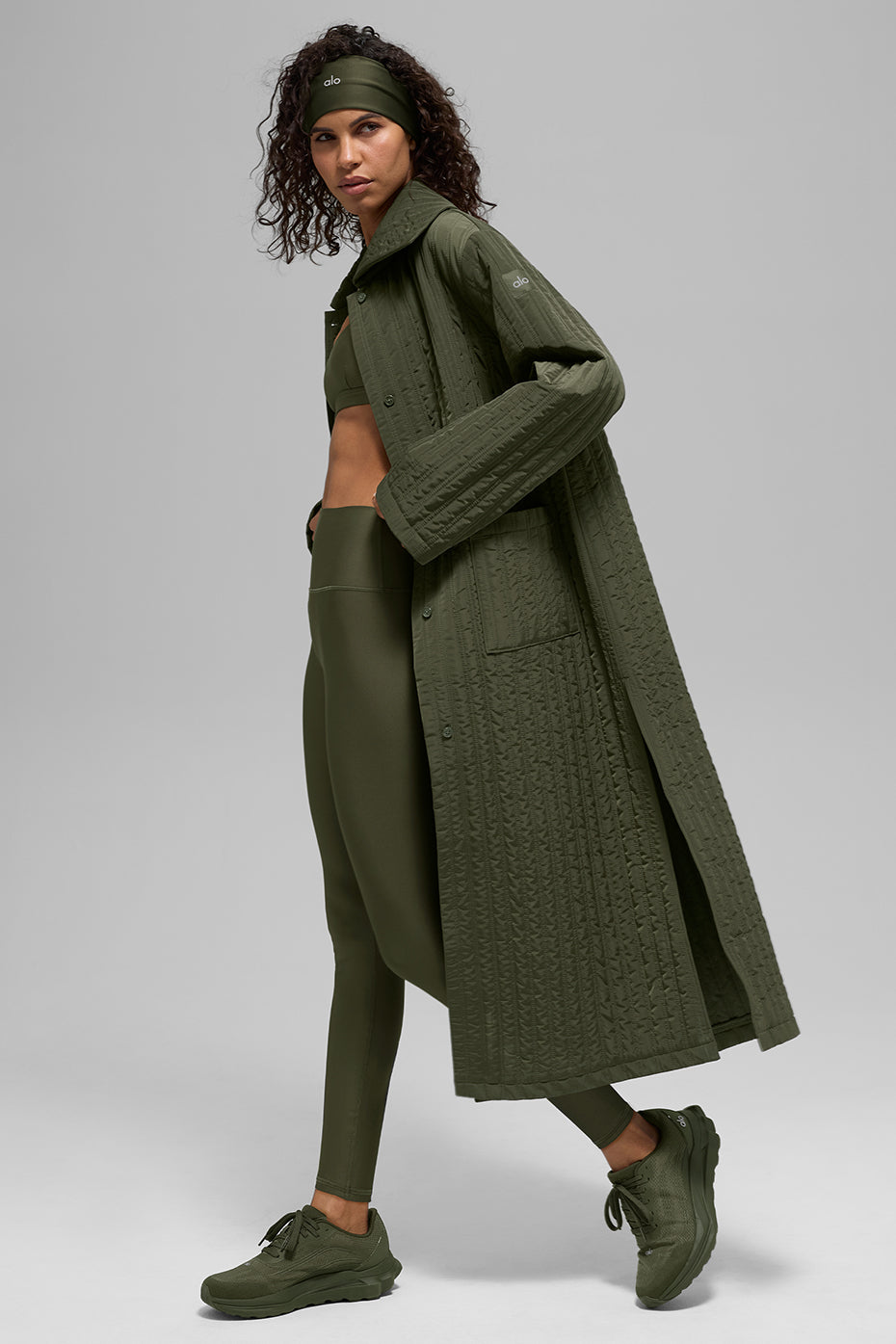 Quilted Skyline Long Coat - Green Olive--3