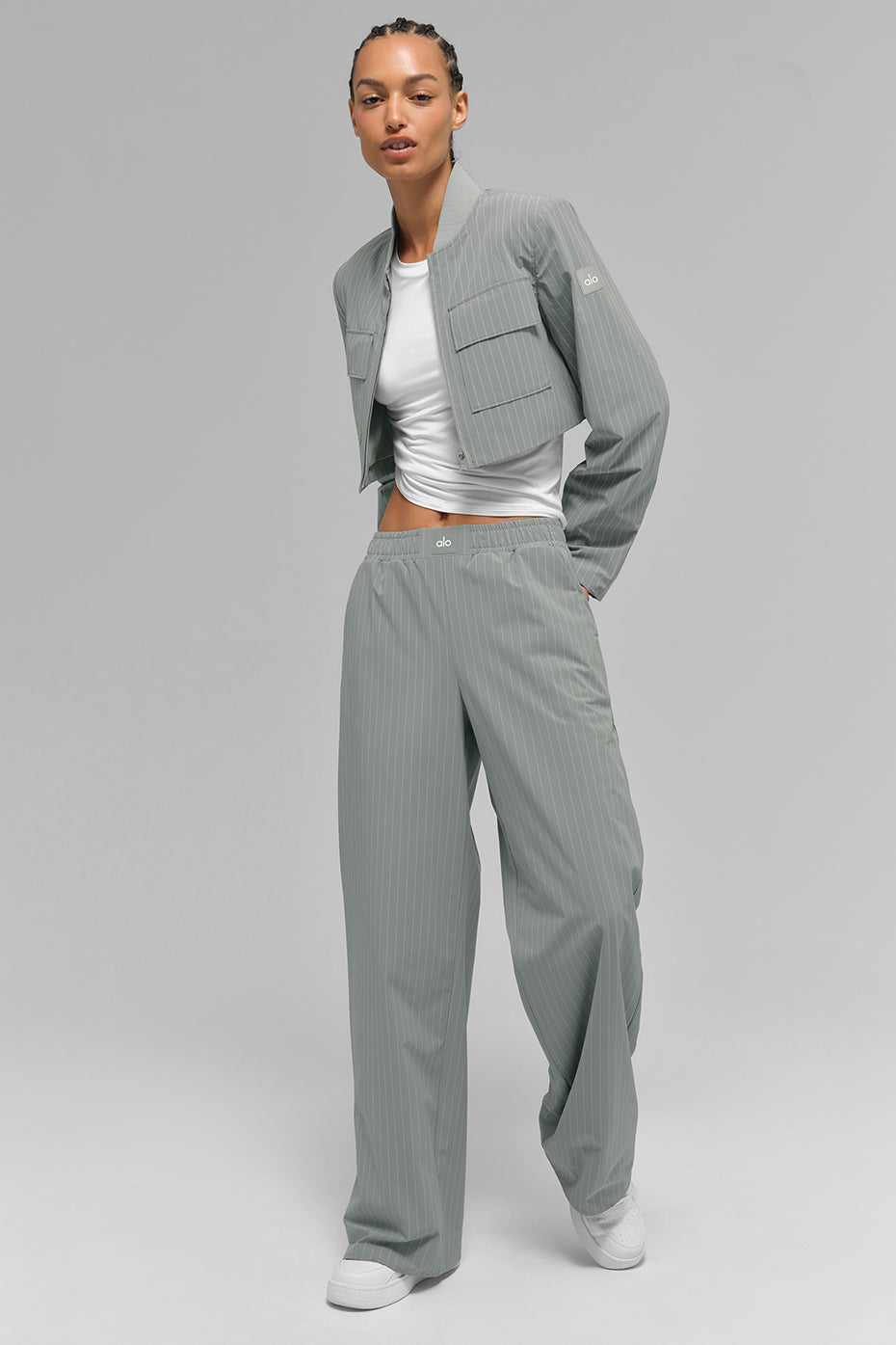 Cropped Pinstripe Main Character Full Zip Jacket - Lunar Grey/White--5