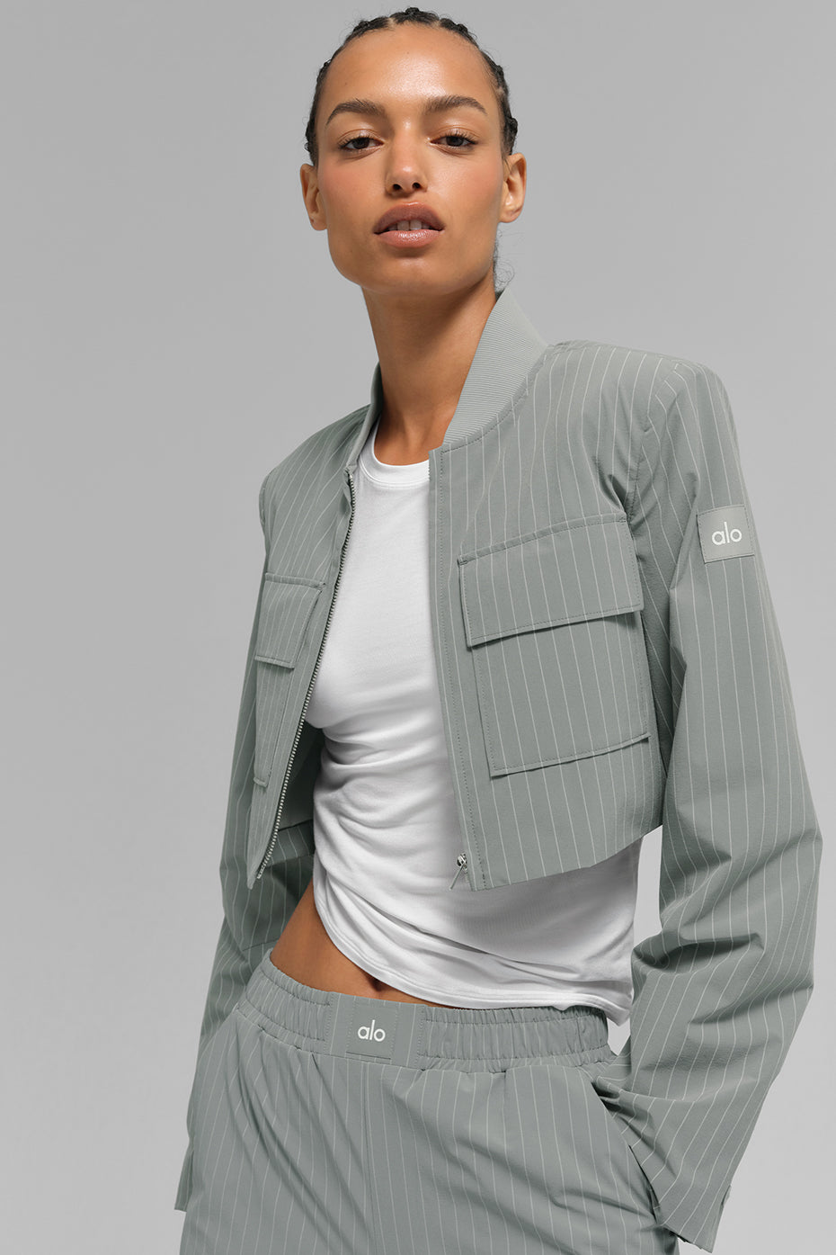 Cropped Pinstripe Main Character Full Zip Jacket - Lunar Grey/White--2