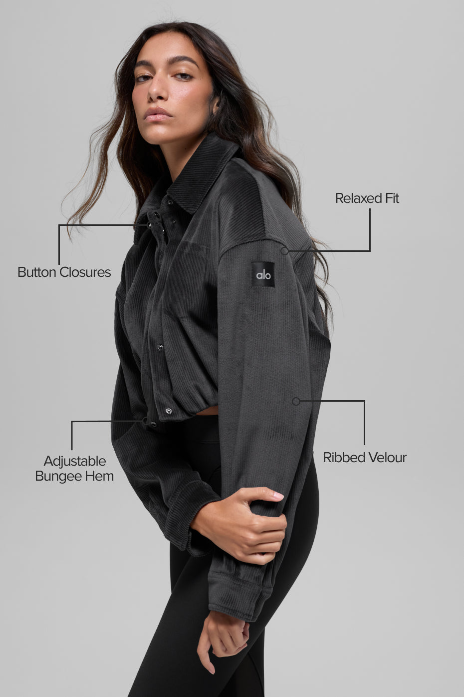 Ribbed Velour Cropped Mountain Side Jacket - Black--1