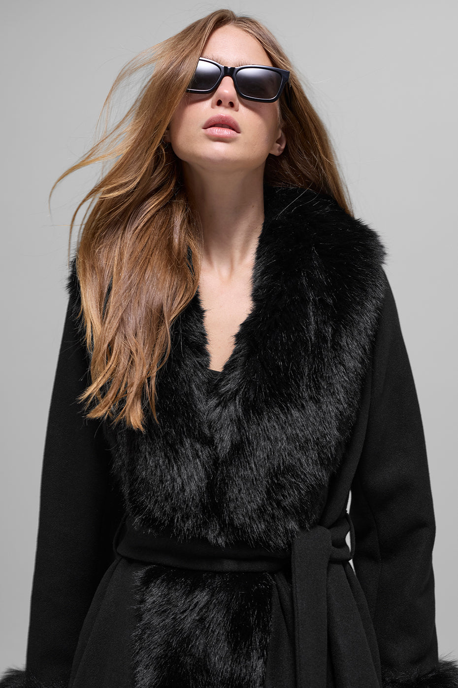 Faux Fur Trimmed Longline Coat - Black--2