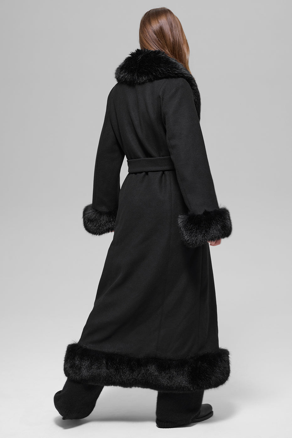 Faux Fur Trimmed Longline Coat - Black--3