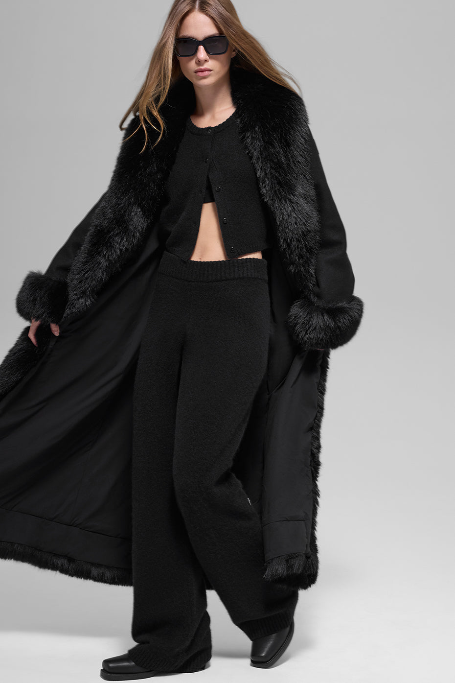 Faux Fur Trimmed Longline Coat - Black--4