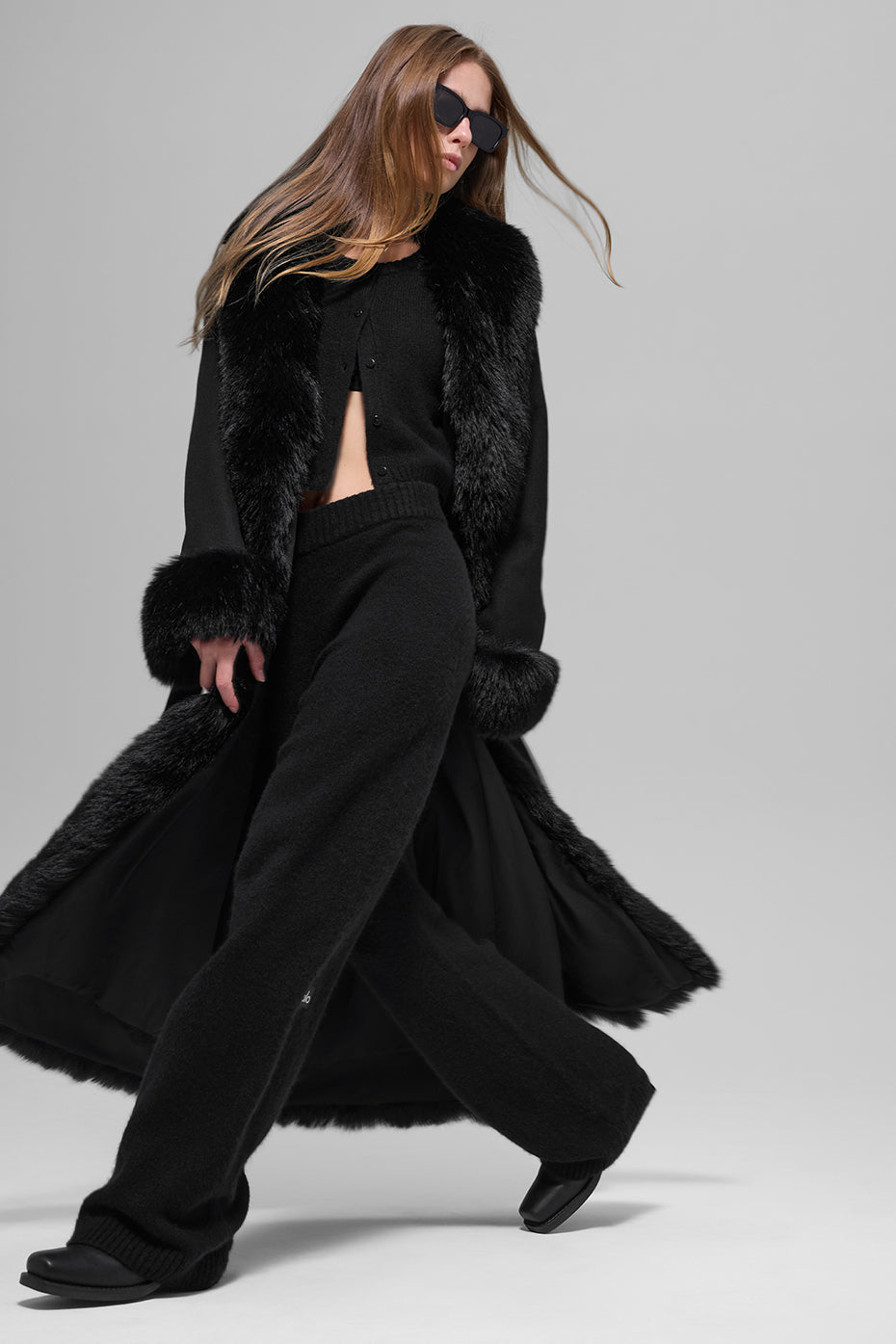Faux Fur Trimmed Longline Coat - Black--5