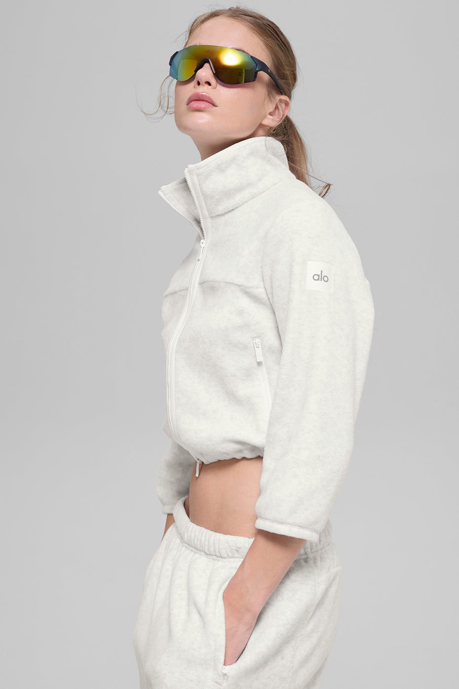 Polar Fleece Retreat Cropped Jacket - White Heather Grey--1