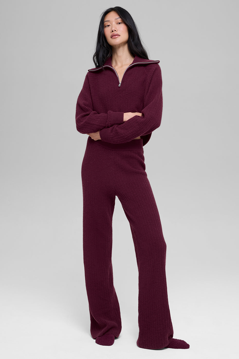 Cashmere High-Waist Plush Waffle Pant - Burgundy--4