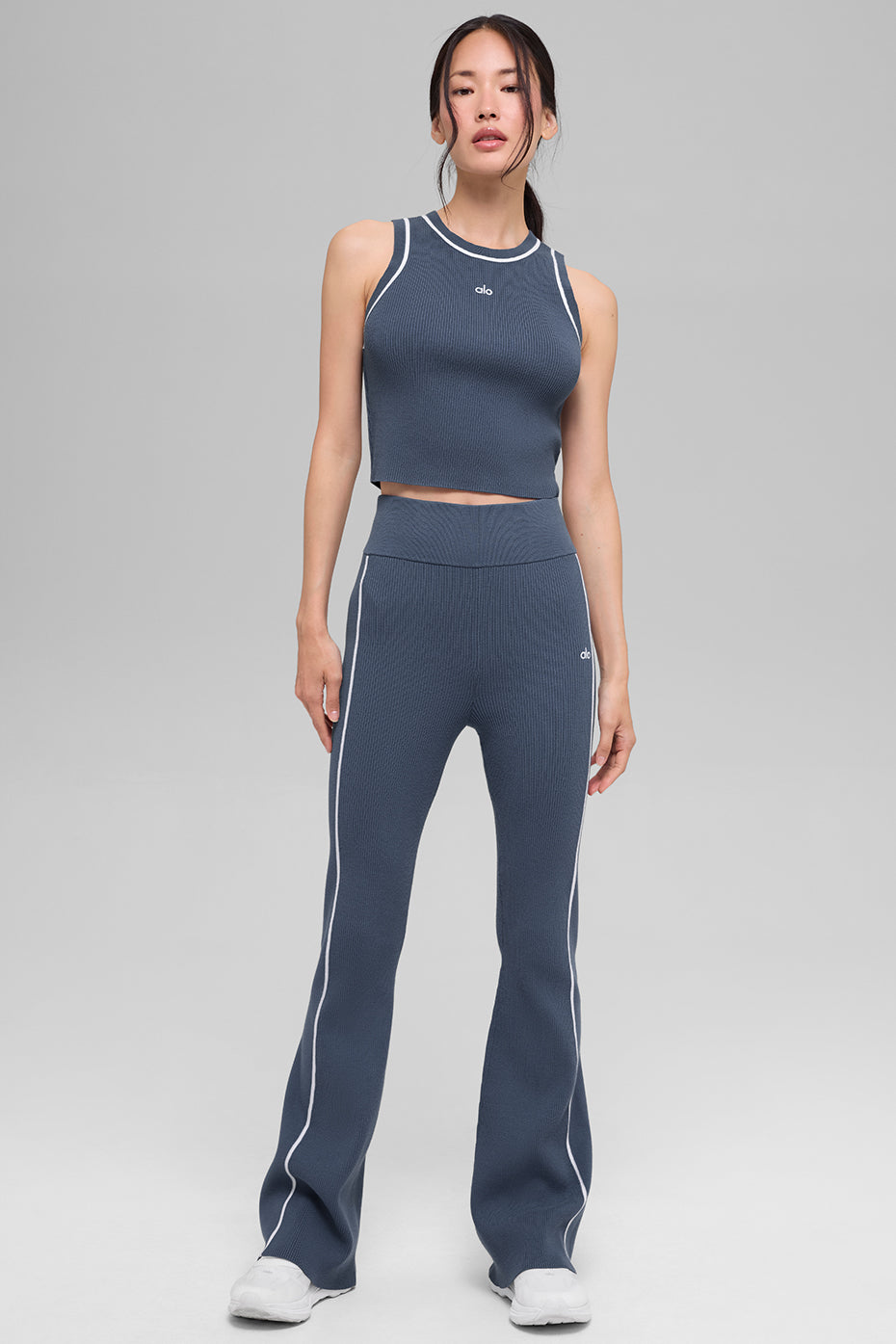 Ribbed Sweater Knit Highline Flare Pant - Bluestone/White--5
