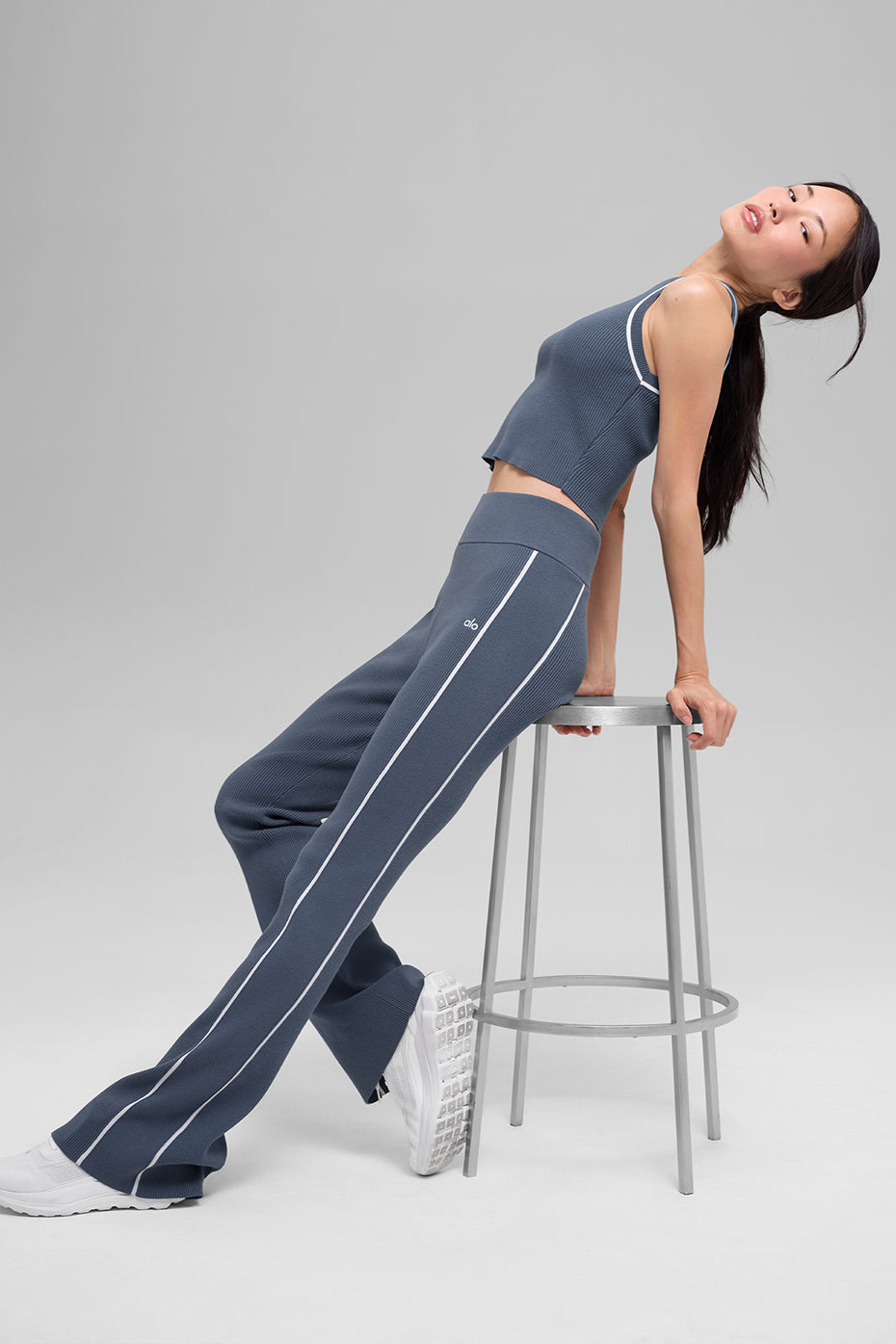 Ribbed Sweater Knit Highline Flare Pant - Bluestone/White--4