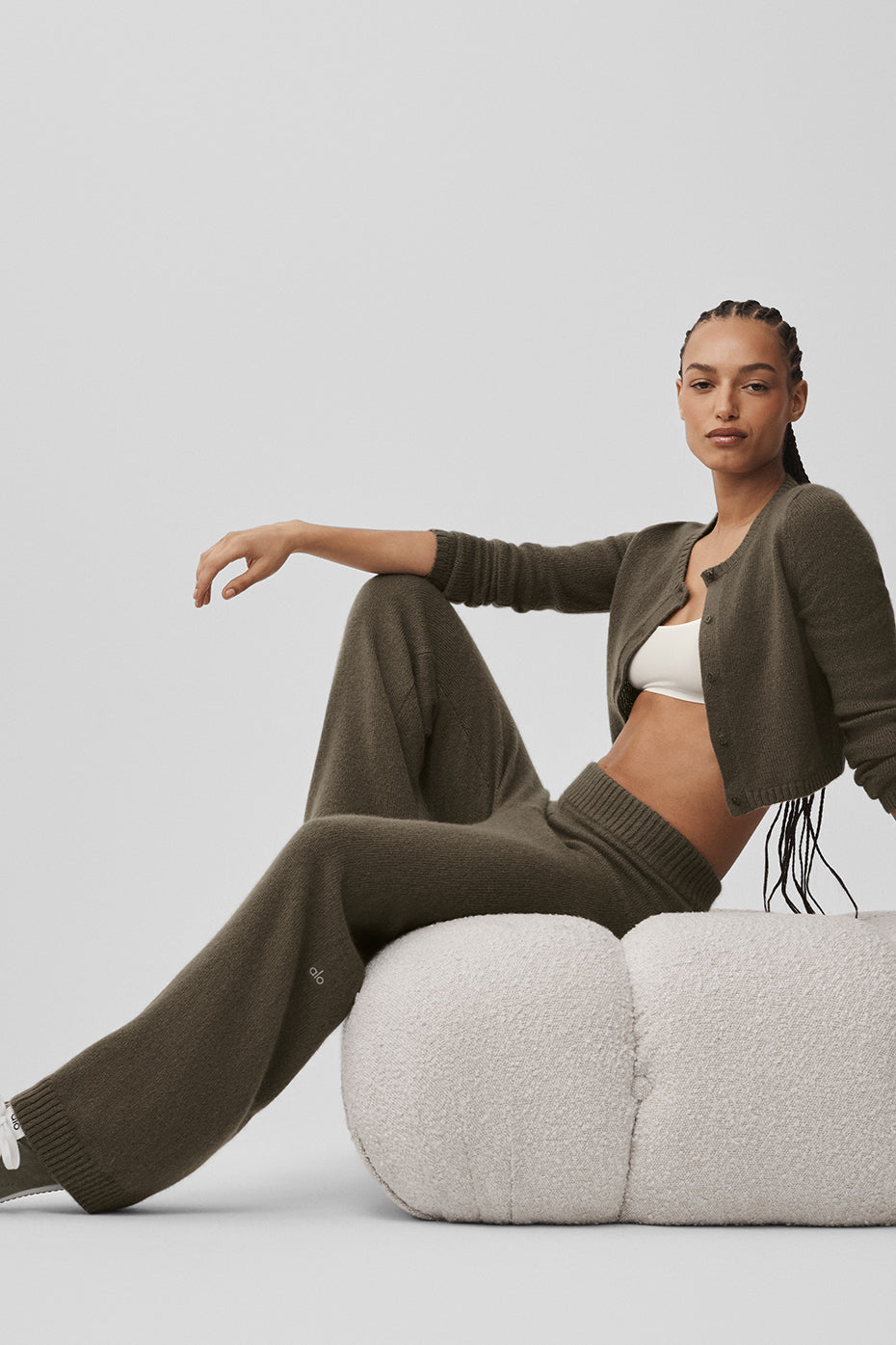 Wool Cashmere High-Waist New Class Wide Leg Pant - Olive Tree--2