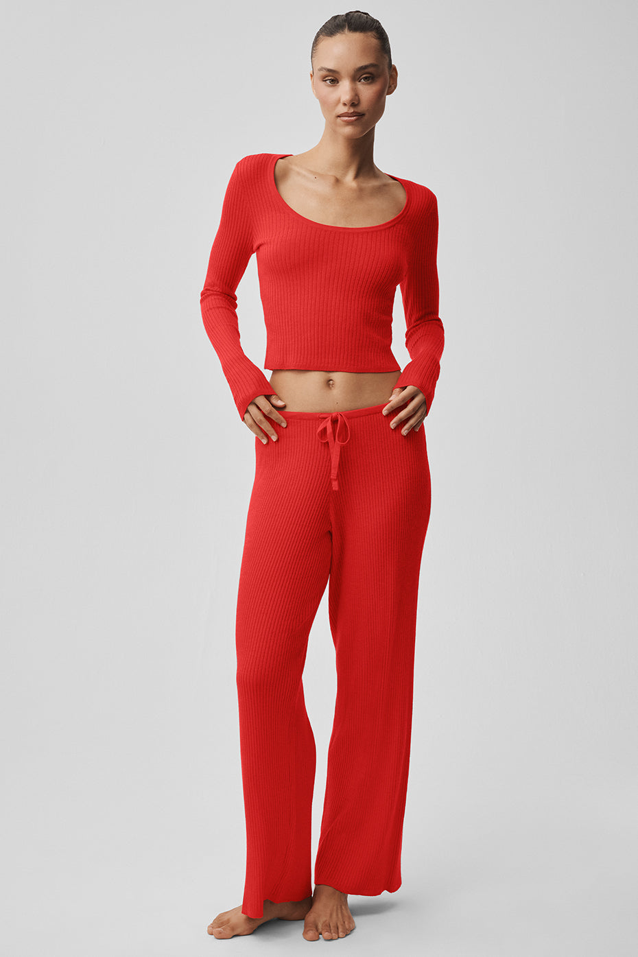 Sweater Knit Mid-Rise Unwind Wide Leg Pant - Bright Red--5