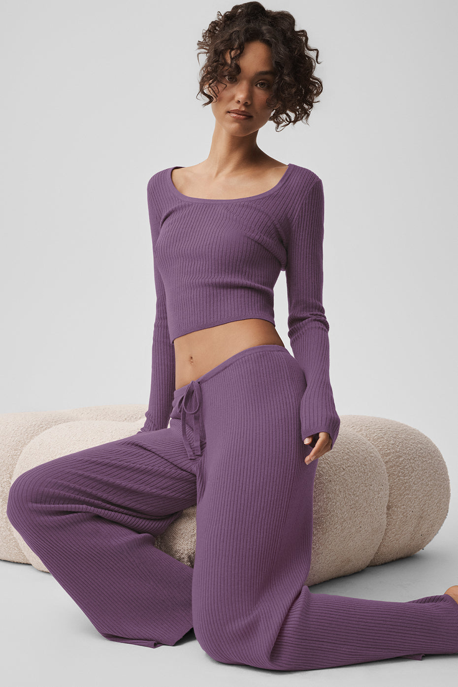 Sweater Knit Mid-Rise Unwind Wide Leg Pant - Plum Kiss--2