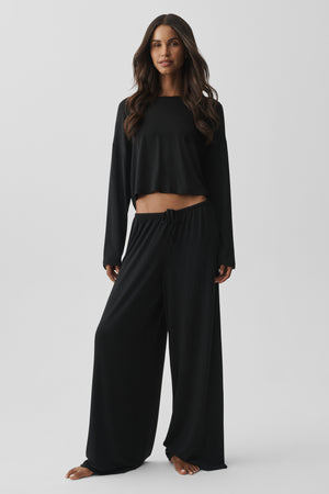 Semi Sheer High-Waist Oasis Wide Leg Pant (Regular) - Black