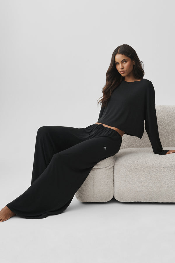 Semi Sheer High-Waist Oasis Wide Leg Pant (Long) - Black
