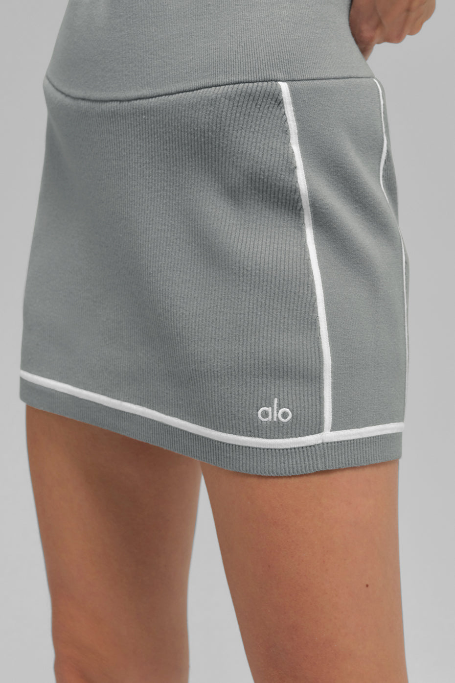 Ribbed Sweater Knit Highline Mini Skirt - Lunar Grey/White--3